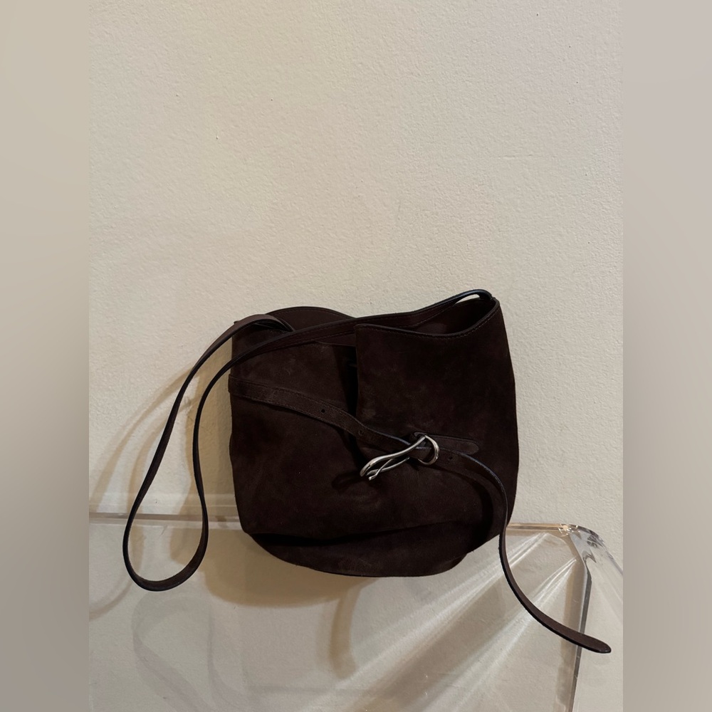 Little Liffner Belted Bucket Bag Dark Brown Suede Silver
